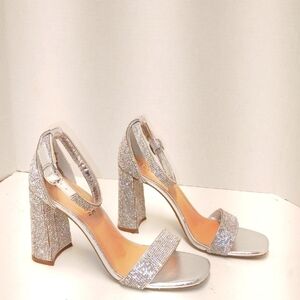 Journee Collection silver Rhinestone Open Toe Ankle Strap Block Heel sho…